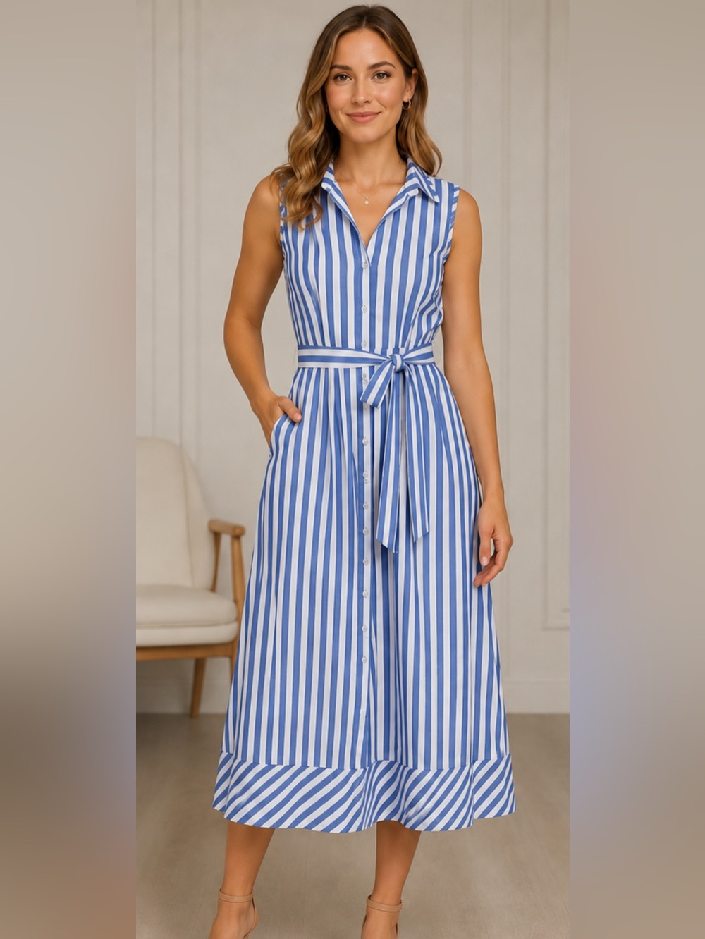 Talbots Blue and White Striped Sleeveless Shirt Dress